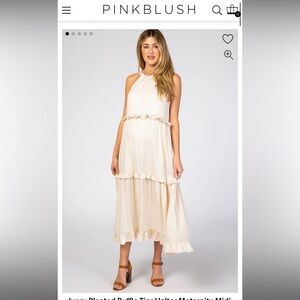 Ivory Pleated Ruffle Tier Halter Maternity Midi Dress